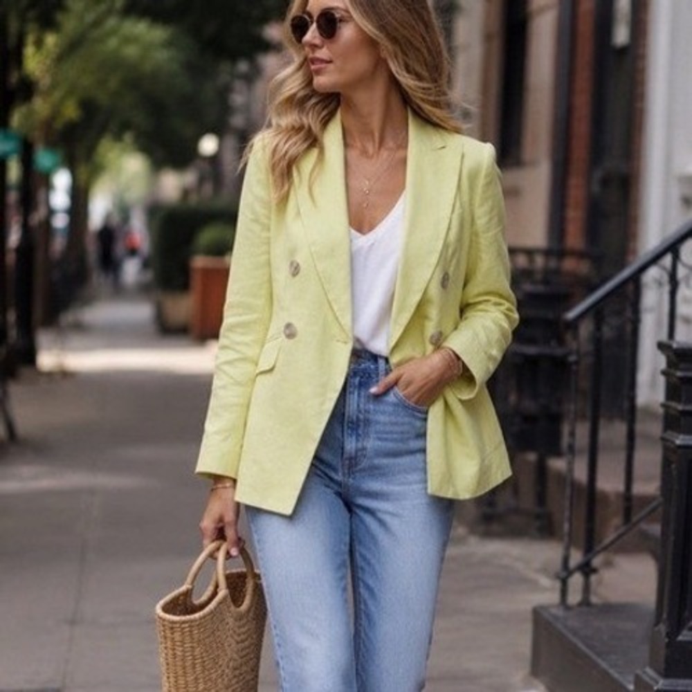 Linen Blazer Women's Petite 4P Double Breasted Yellow Tailored Banana Republic